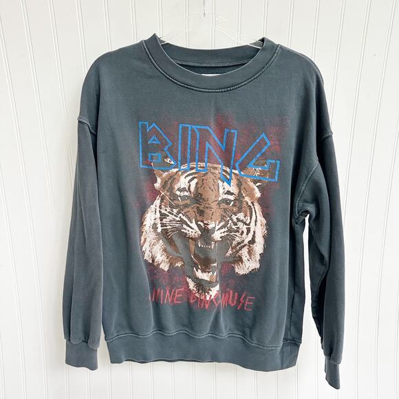 Anine Bing Tiger Sweatshirt Graphic Pullover Crewneck Grey Cotton Blend Medium - Picture 1 of 6